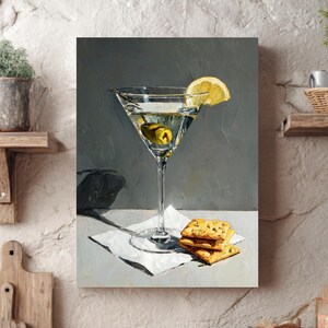 Decorazione murale da bar Martini, tela artistica con Martini, decorazioni per la cucina, cocktail al limone e olive con cracker Ranch su tovagliolo - Decorazione murale da bar moderna