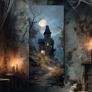 Victorian Haunted House Canvas: Gothic Moonlit Woods - Spooky Wall Art