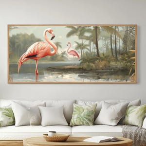 Decorazione murale vintage con fenicotteri americani - Fenicottero rosa di Palm Trees, stampa di uccelli tropicali, elegante poster naturalistico o decorazione su tela per la casa