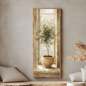 Olive Tree Oil Painting, Light Beige Mediterranean Wall Art, Potted Plant Canvas