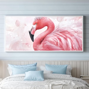 Decorazione murale Boho con fenicotteri ad acquerello - Stampa con piume rosa e cristalli, poster di animali stravaganti, decorazione magica in tela Boho
