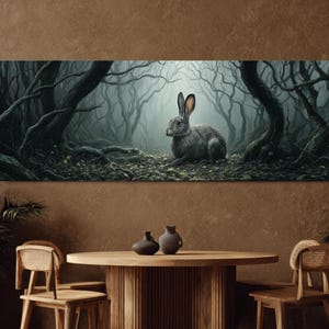 Jackalope Forest Canvas – Vintage Naturalist Oil Painting, High Detail, Moody Fantasy Decor with Surreal Ethereal Atmosphere