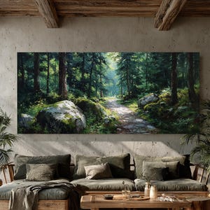 Pintura al óleo de un sendero iluminado por el sol en el bosque – Paisaje de bosque musgoso en lienzo