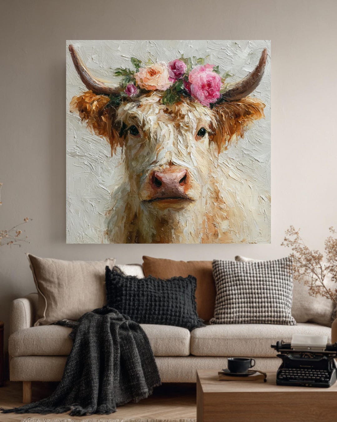 Cow Print Roses Highland Cow With Pink Roses Print โ Rustic Farmhouse Wall Art - Etsy
