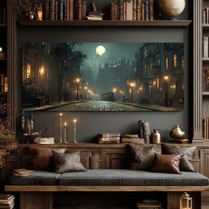 Victorian Night Street Oil Painting – Misty Moonlit Alley with Fog, Moody Winter Gothic Wall Art on Canvas or Framed Canvas