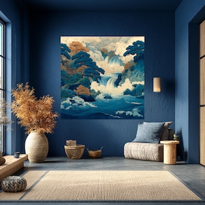Ukiyo-e Waterfall Print – Hokusai-Inspired Asian Landscape Poster