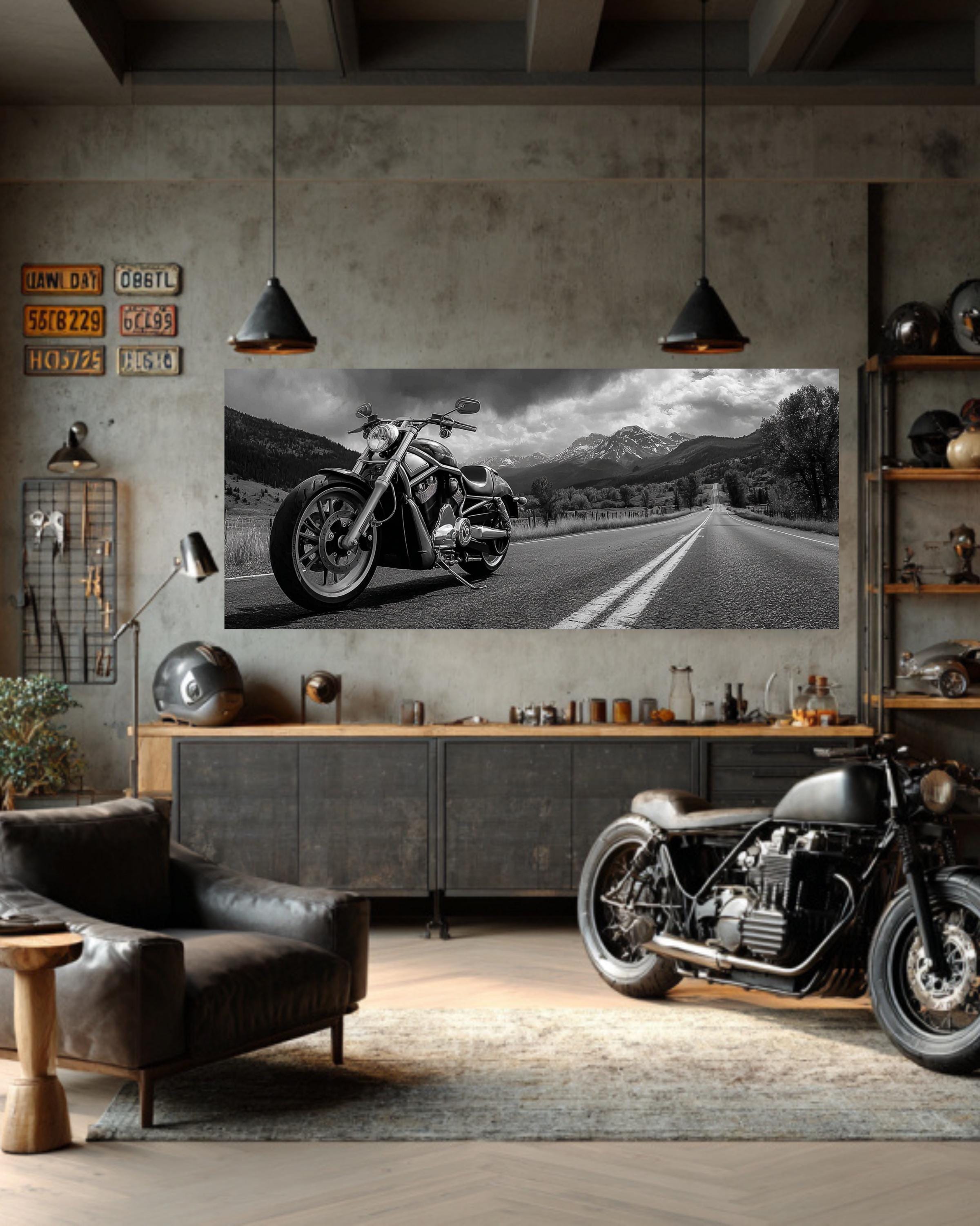 RYOL Motorbike Vibes ファインアートジークレープリント Harley V-rod Motorcycle Canvas Print | Vintage Black & White