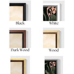 May include: Image showcasing framed art prints with various frame color options. The available frame colors are black, white, dark wood, wood, gold, and silver. Each frame surrounds a different artwork, allowing customers to visualize the frame options.