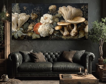 Mushroom & Fern Canvas Art: Earth Tone Botanical Illustration