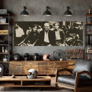 Vintage Motorcycle Trio Wall Art | Smiling Riders with Sidecar | Moody Retro Photo Print | Realistic Black & White Canvas Decor