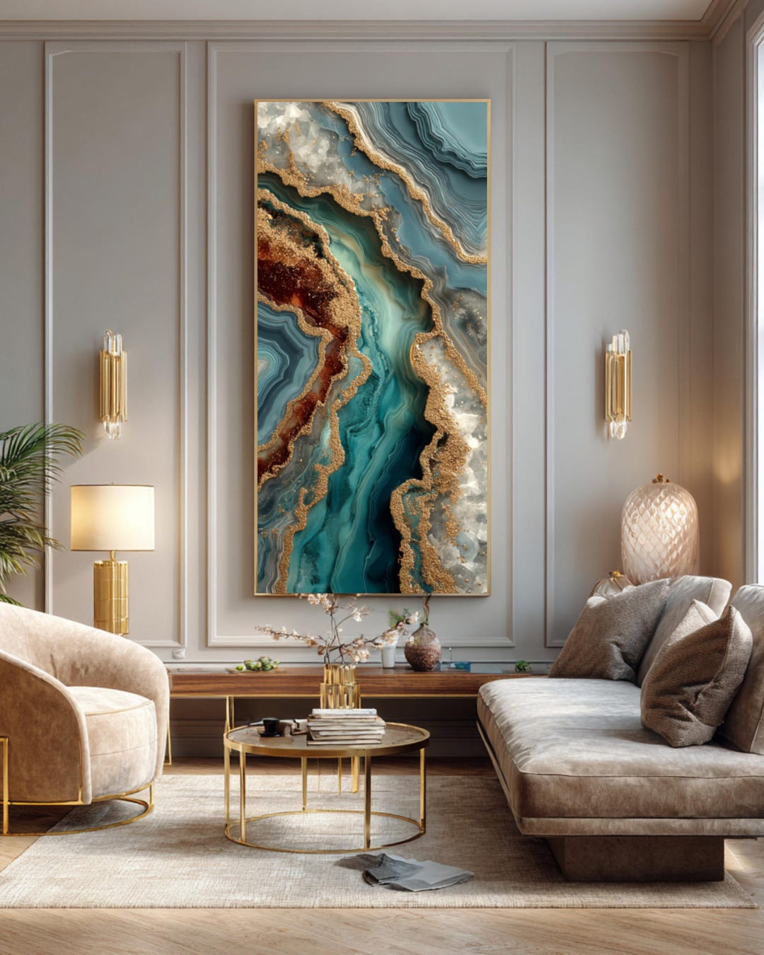 Agate Abstract Canvas Art: Gold & Teal Geode Wall Decor - Etsy