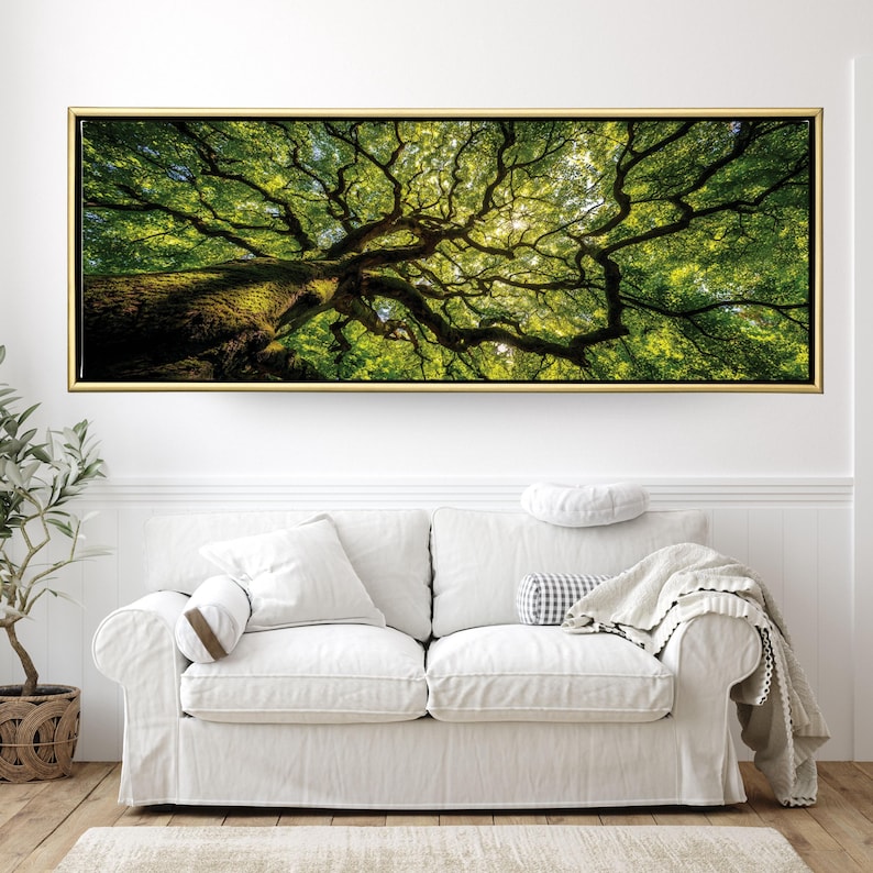 Sunlit Oak Tree Canopy Canvas, Green Forest Nature Wall Art, Large Tree ...