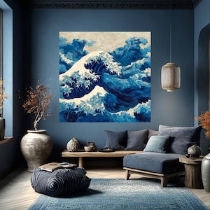 Hokusai Wave Pattern Wall Art Print – Blue Japanese Ocean Waves Poster or Canvas, Coastal Decor for Modern Zen Interiors