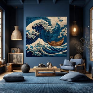 Puede incluir: Salón decorado en tonos azules, con una gran obra de arte que representa una ola con un barco. La habitación incluye una alfombra azul, muebles de madera y pantallas de lámparas tejidas, creando un ambiente tranquilo.