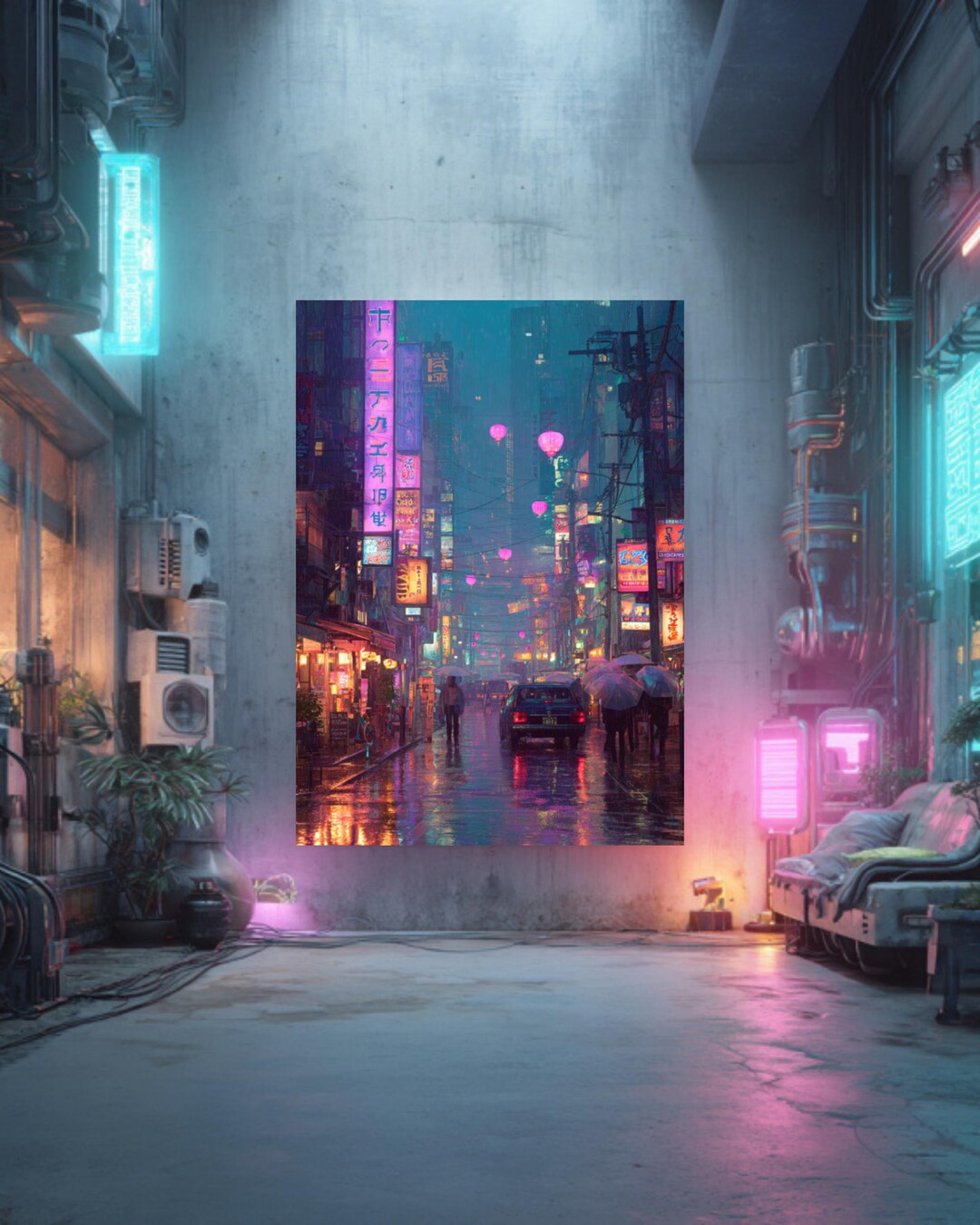 Neon Cyberpunk City Street Art: Futuristic Urban Rain Scene - Etsy