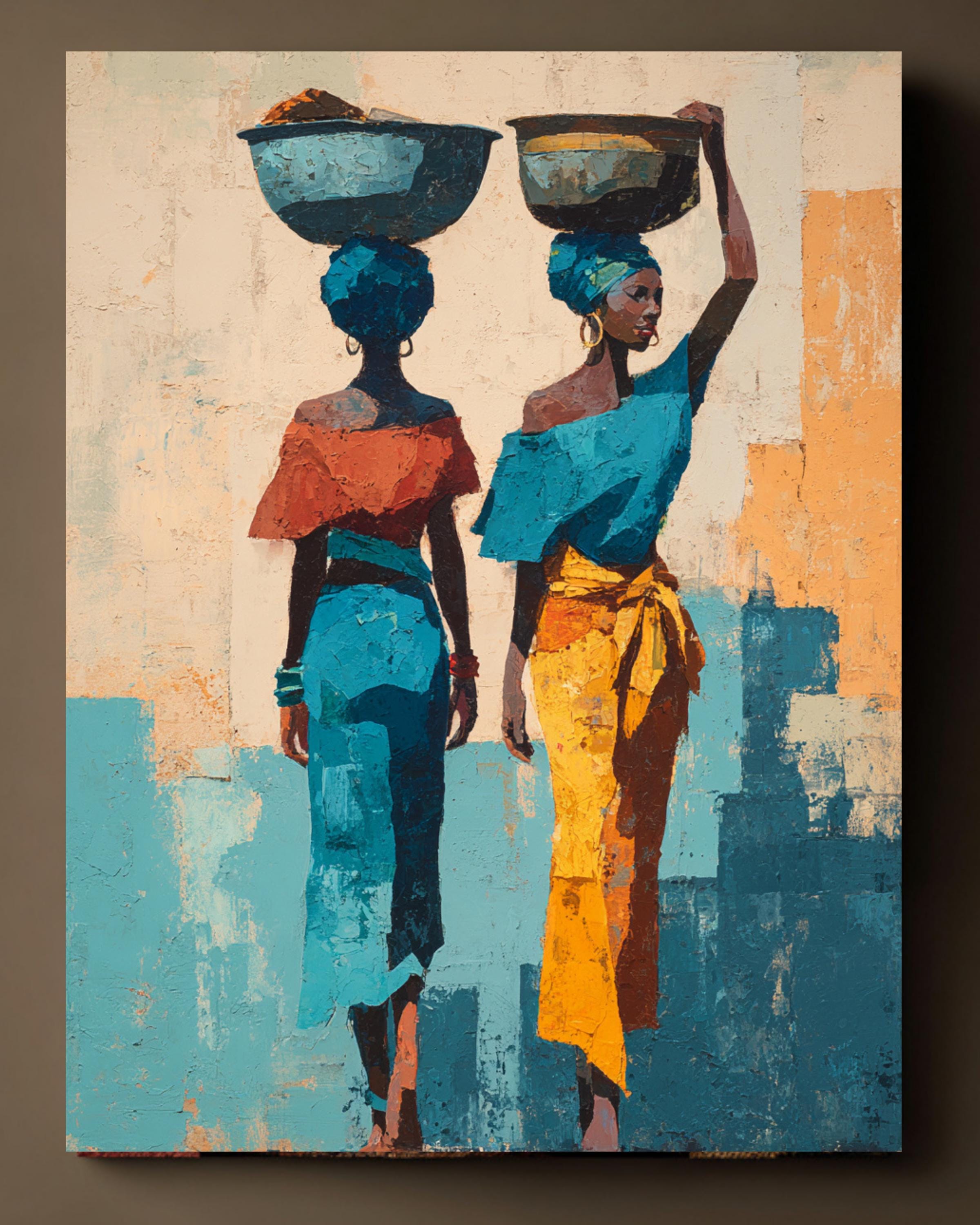 African Women Water Carriers Painting, Traditional Cultural Canvas