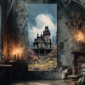 Haunted House Vintage Oil Painting | Gothic Victorian Horror Wall Art | Dark Academia Aesthetic Canvas | Eerie Gothic Home Decor