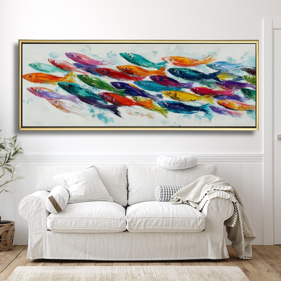 Colorful School of Fish Canvas, Abstract Nautical Wall Art, Rainbow ...