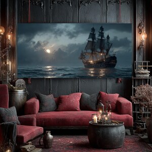 Moonlit Pirate Ship Wall Art | High-Resolution Night Sea Print | Framed or Canvas Nautical Decor