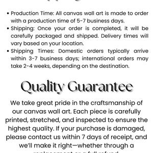 May include: Text on a white background reads "Shipping Details" and "Quality Guarantee." The text describes production time, shipping, and quality assurance for canvas wall art.