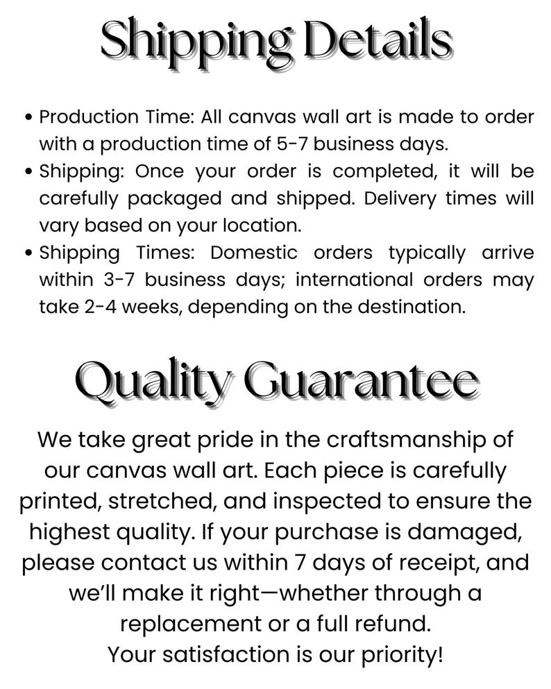 May include: Text on a white background reads "Shipping Details" and "Quality Guarantee." The text describes production time, shipping, and quality assurance for canvas wall art.