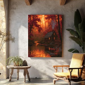 May include: A rectangular wall art print depicting a rustic log cabin nestled in a dense forest during autumn. The scene features vibrant orange and red foliage, a calm stream reflecting the warm light, and smoke rising from the cabin chimney.