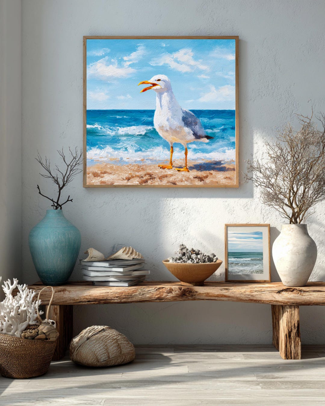 Seagull Ocean Art Print: Coastal Beach Scene, Expressive Acrylic Style ...