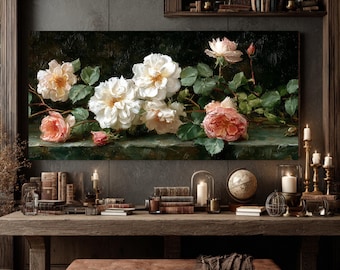 Vintage Rose Oil Painting Canvas – Moody Floral Still Life Art