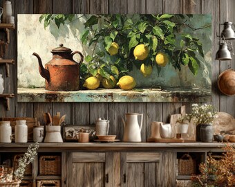 Cuadro decorativo de una cafetera con limones vintage: Impresión en lienzo de naturaleza muerta.