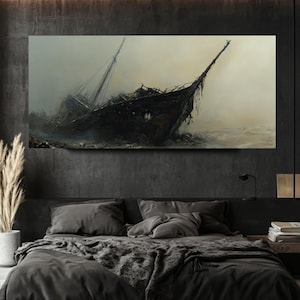Shipwreck Oil Painting – Eerie Maritime Wall Art, Misty Sea Scene, Rusted Wreck Canvas, Cold Gray Coastal Decor, Nautical Mystery