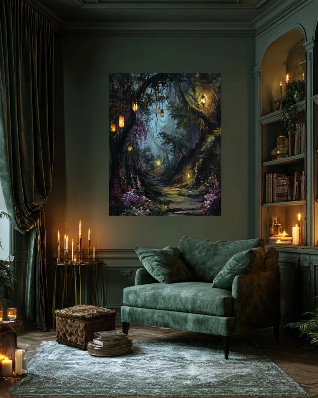 Enchanted Forest Path Art – Hanging Lanterns & Moss Trees – Dark ...