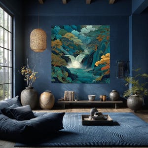 Chinese Waterfall Forest Art – Blue-Green Ink Landscape Poster or Canvas