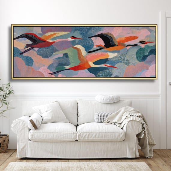 Mid Century Modern Birds Canvas, Abstract Flying Cranes Wall Art