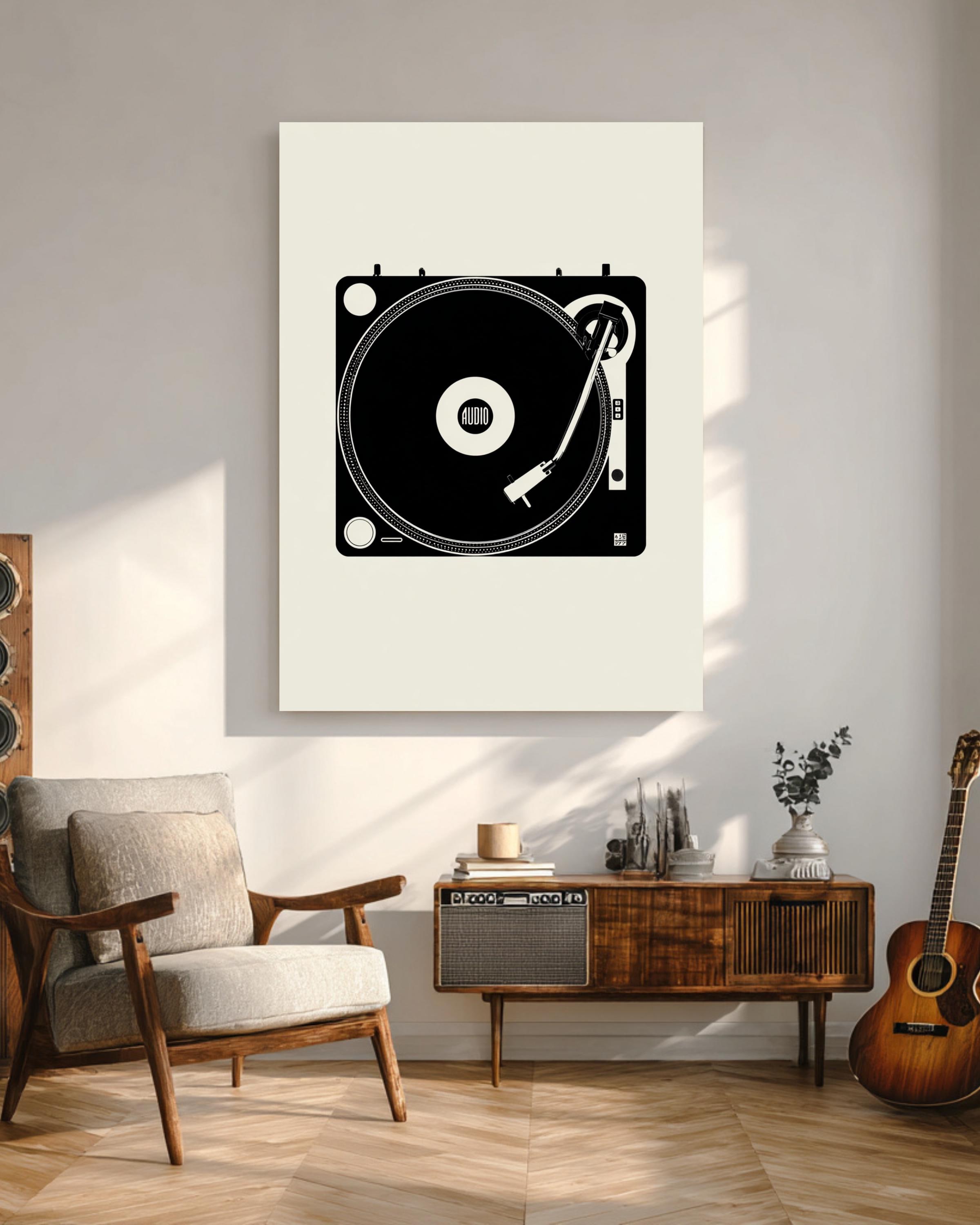 Minimalist Record Player Art Print: Modern Black & Cream Audio