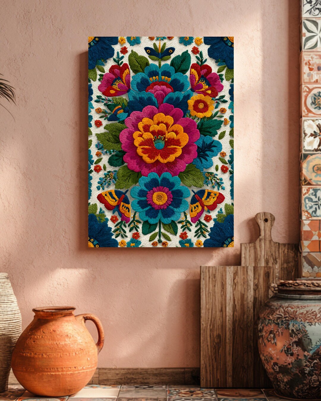 Vintage Mexican Floral Wall Art Canvas Print – Colorful Folk-inspired ...