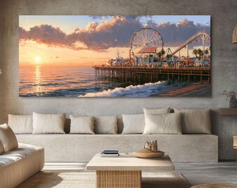 May include: A rectangular wall art print depicting a sunset over a pier with a Ferris wheel and roller coaster. The scene features golden light reflecting on the ocean waves, orange clouds in the sky, and the silhouette of the pier structure.