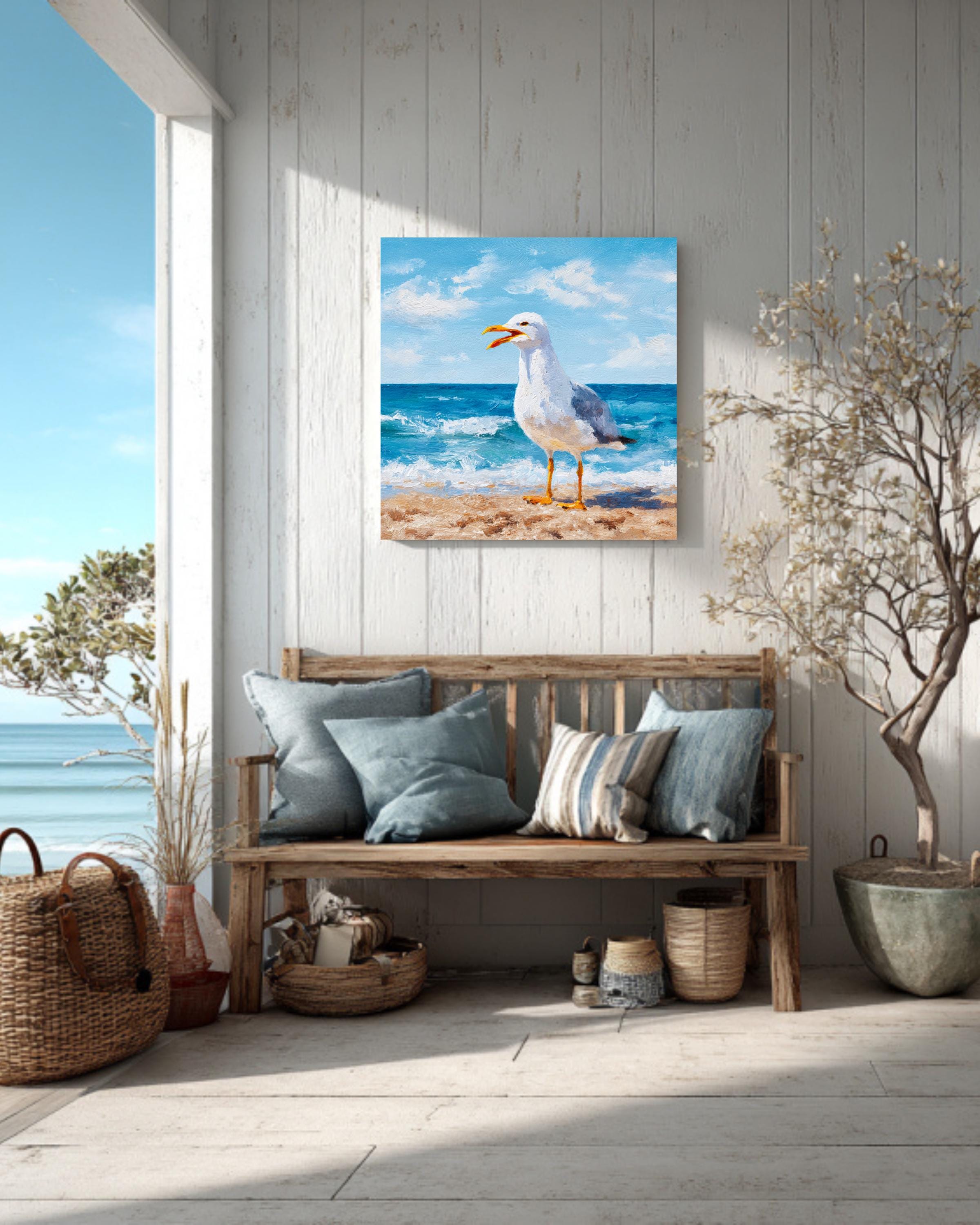 Seagull Ocean Art Print: Coastal Beach Scene, Expressive Acrylic Style ...