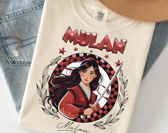 Camisa floral con retrato de Mulan, mitad niña, mitad guerrera, de Disney, camisa de princesa Mulan, viaje familiar a Magic Kingdom Disneyland 2026
