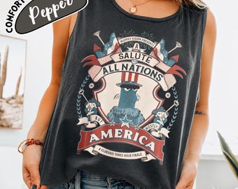 Komfortfarben Ein Gruß an alle Völker, aber vor allem Amerika-Shirt, Sam The Adler-T-Stück, Vaterländisches Disney-Weltoberteil, 4. Juli Epcot Outfit