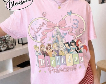 Custom Name Age Disney Princess Coquette Bow Birthday Shirt, Personalized Birthday Girl Tee, Disney Castle Toddler, Disneyland Princess Gift