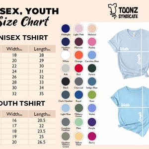 Puede incluir: Tabla de tallas para camisetas unisex y juveniles. Incluye medidas en cm para ancho y largo, junto con una paleta de colores. La tabla es para tallas S a 5XL para unisex y XS a XL para j&oacute;venes.