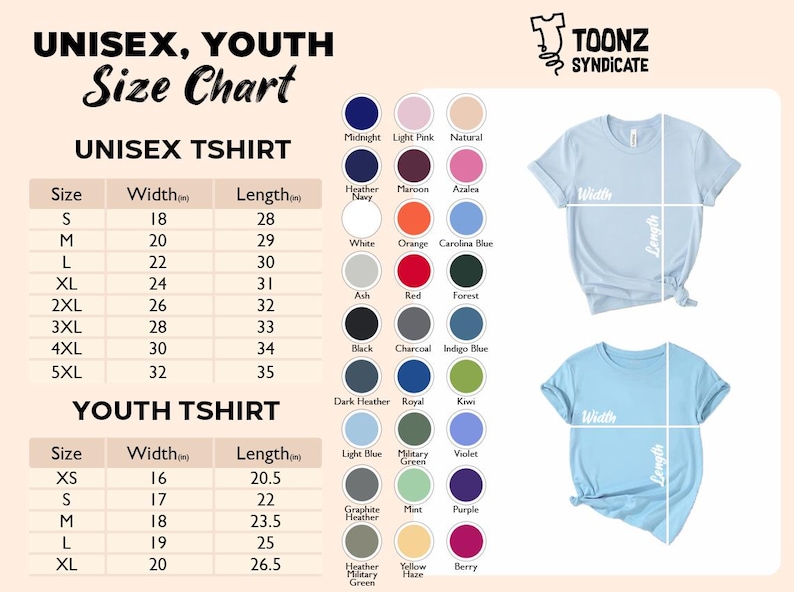 Puede incluir: Tabla de tallas para camisetas unisex y juveniles. Incluye medidas en cm para ancho y largo, junto con una paleta de colores. La tabla es para tallas S a 5XL para unisex y XS a XL para j&oacute;venes.
