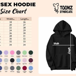 Puede incluir: Sudadera con capucha unisex negra con una tabla de tallas que muestra el ancho y el largo en cent&iacute;metros. La tabla incluye tallas XS a 5XL. Tambi&eacute;n se muestra una paleta de colores con varias opciones.