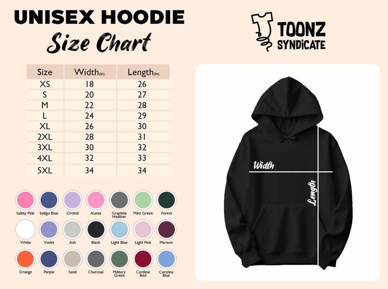 Puede incluir: Sudadera con capucha unisex negra con una tabla de tallas que muestra el ancho y el largo en cent&iacute;metros. La tabla incluye tallas XS a 5XL. Tambi&eacute;n se muestra una paleta de colores con varias opciones.