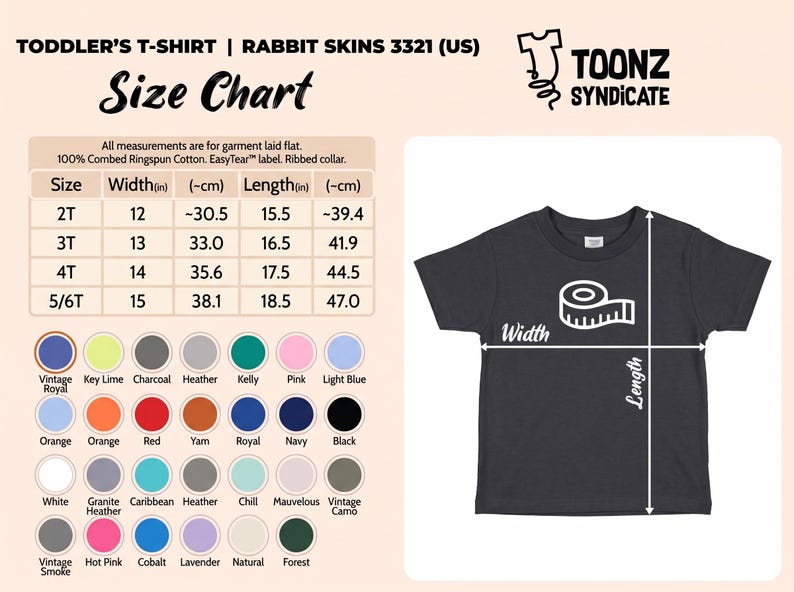May include: A size chart for a toddler t-shirt by Rabbit Skins 3321, featuring a dark grey t-shirt graphic with width and length measurement lines, a table listing sizes 2T to 5/6T in inches and centimetres, and a colour palette of 28 options.