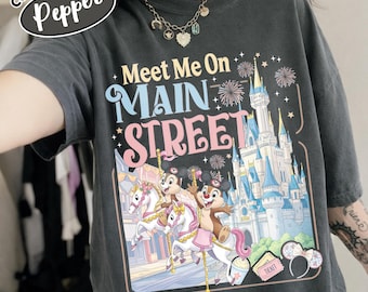 Meet Me On Main Street Disney Comfort Color® Vintage Disney Chip and Dale Carousel Shirt, Disneyland Chip and Dale Merry-go-round