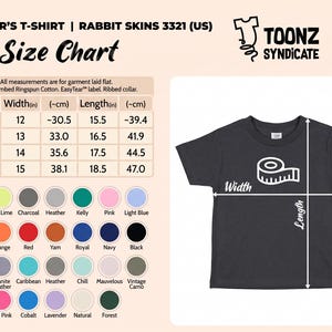 May include: A size chart for a toddler t-shirt by Rabbit Skins 3321, featuring a dark gray t-shirt graphic with width and length measurement lines, a table listing sizes 2T to 5/6T in inches and centimeters, and a color palette of 28 options.