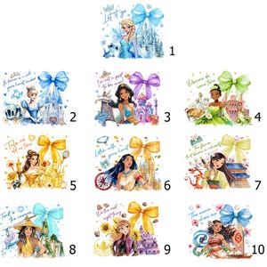 Puede incluir: Una colecci&oacute;n de diez ilustraciones en acuarela con princesas de Disney, lazos y castillos. Cada imagen incluye texto con citas inspiradoras. Las princesas incluyen Elsa, Cenicienta, Jasmine, Tiana, Bella, Pocahontas, Mul&aacute;n, Moana y Anna.