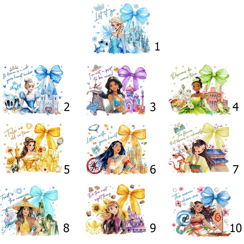 Puede incluir: Una colecci&oacute;n de diez ilustraciones en acuarela con princesas de Disney, lazos y castillos. Cada imagen incluye texto con citas inspiradoras. Las princesas incluyen Elsa, Cenicienta, Jasmine, Tiana, Bella, Pocahontas, Mul&aacute;n, Moana y Anna.