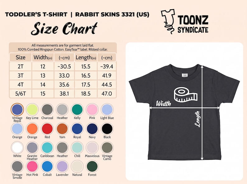Puede incluir: Una tabla de tallas para una camiseta de ni&ntilde;o peque&ntilde;o Rabbit Skins 3321, con un gr&aacute;fico de camiseta gris oscuro, l&iacute;neas de medici&oacute;n de ancho y largo, una tabla de tallas 2T a 5/6T en pulgadas y cent&iacute;metros, y 28 opciones de colores.